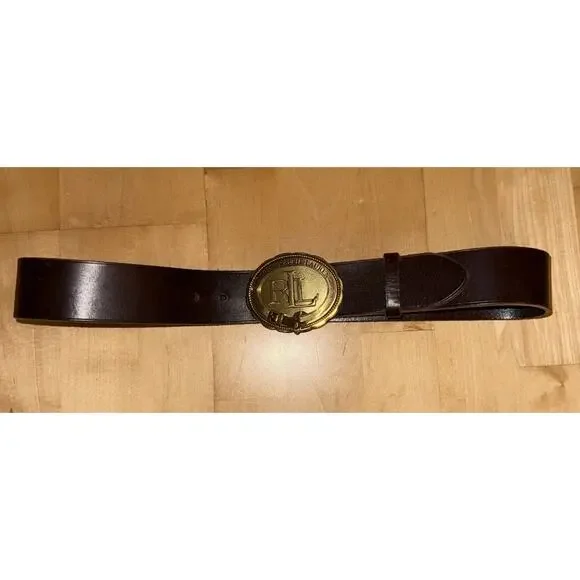 Ralph Lauren RL Oval Circle Logo Buckle Western Leather belt Brown M - Picture 2 of 5